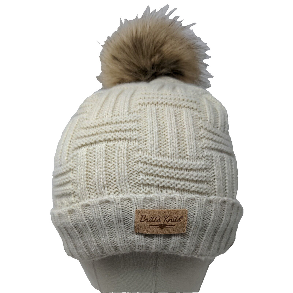 Britt's Knits Beanie Hat Cream One Size Hand Knitted Faux Fur Pom Pom